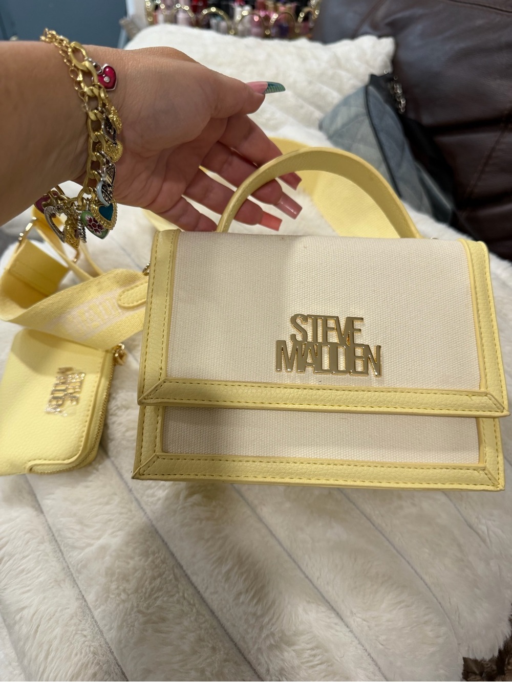 Steve Madden Cream and Yellow Top-Handle Mini Crossbody